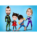 Familie superhelte tilpasset karikatur fra fotos med ensfarvet baggrund