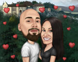 Caricatura de pareja en estilo de color de la foto en el fondo del paisaje