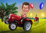 Man in Tractor Caricature in Funny Exaggerated Style