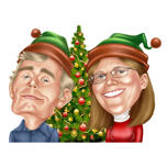 Exaggerated Couple with Christmas Tree