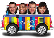 Grupas karikatūra, kas ceļo ar autobusu ar pielāgotu fonu