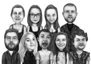 Caricature de groupe en noir et blanc d'une classe d'école