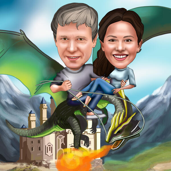 couple, équitation, dragon, caricature