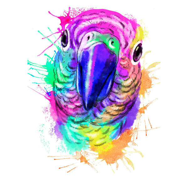 Portret cu caricatură de papagal în acuarelă strălucitoare din fotografie