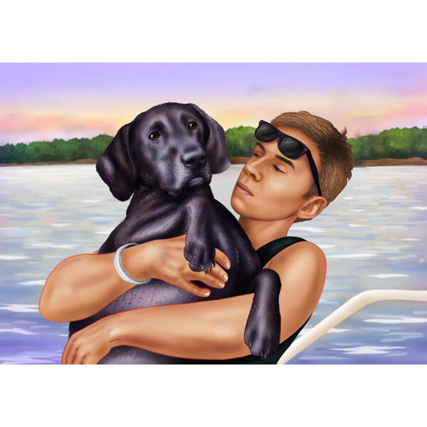 Владелец с портретом собаки в естественных пропорциях головы и плеч на индивидуальном фоне