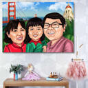 Famiglia con bambini caricatura colorata con sfondo su tela