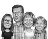 Overdrevet karikatur af fire personer i sort/hvid stil fra fotos