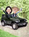 Caricatura de pareja de aniversario en coche y fondo personalizado