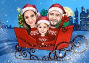Caricatura de família no trenó do Papai Noel com renas