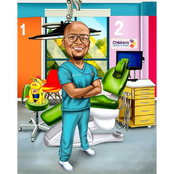 Karikatura dětské stomatologie v barevném stylu z osobních fotografií