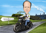 Pessoa montando caricatura de motocicleta em uma Harley Davidson nas fotos