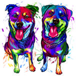 Pāris rotveileru suņu karikatūras portrets akvareļu stilā no fotoattēliem