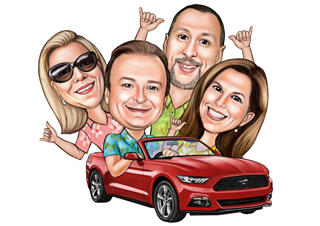 Family in Red Car Caricature