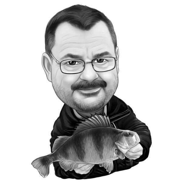 Homem com presente de retrato de desenho animado de peixe em estilo preto e branco