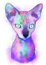 Карикатурный портрет кошачьего сфинкса в нежной пастельной акварели по фотографиям