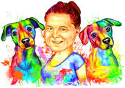 Proprietario con ritratto di caricatura di cani in stile acquerello arcobaleno dalle foto