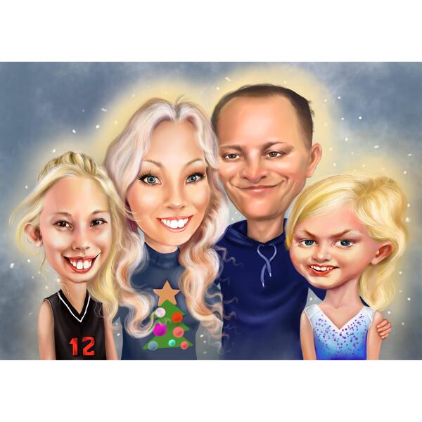 High Exaggerated Parents with Kids Caricature from Photos with One Colored Background