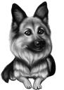 Schæferhund tegneserieportræt i sort og hvid stil fra foto