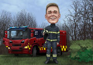Fireman Caricature with Fire in Background