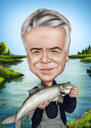 Homme avec une caricature de gros poisson dans un style de couleur pour un cadeau de pêcheur