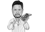 Caricatură de măcelar în stil alb-negru exagerat pe fundal personalizat