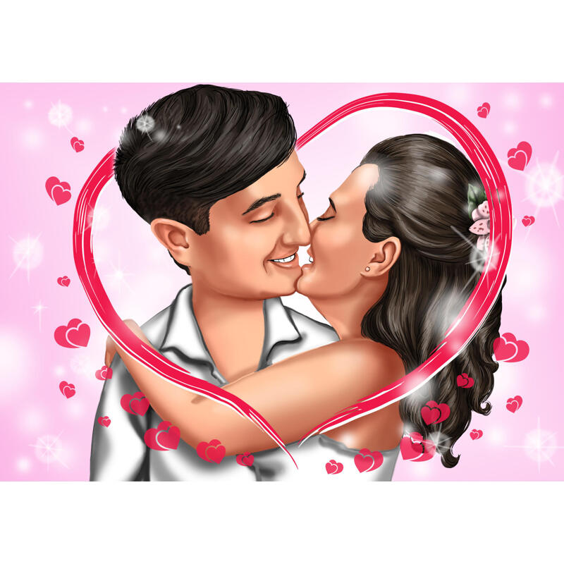 Couple Kiss Cartoon Portrait with One Color Background Hand Drawn from Photo
