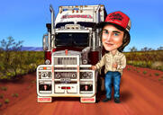 Caricature de chauffeur de camion dessiné à la main à partir de photos avec fond personnalisé
