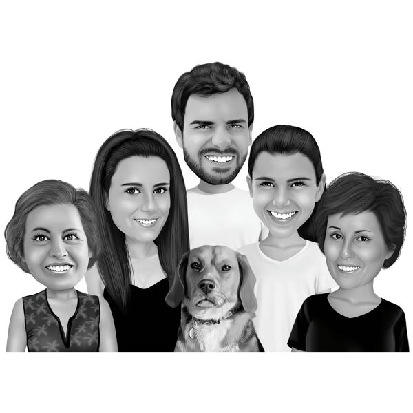 Ritratto di famiglia con animale domestico in stile cartone animato in bianco e nero