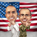 Caricature d'amis militaires avec drapeau américain