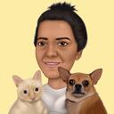 Хозяйка с кошкой и собакой Мультяшная карикатура Рисунок из фотографий