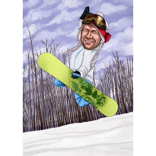 Caricatura de retrato de persona de snowboard personalizada de fotos para fanáticos del deporte de snowboard