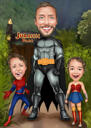 Tēvs ar bērniem Supervaronis pārspīlēta stila karikatūra, kas zīmēta ar rokām no fotoattēliem