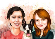 Portrait à l'aquarelle d'un couple avec des animaux de compagnie