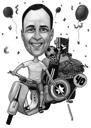 Mees mootorrattaga – käsitsi joonistatud sketš karikatuur fotodest