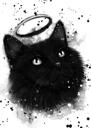 Sød katkarikaturportræt fra fotos i sort og hvid akvarelstil