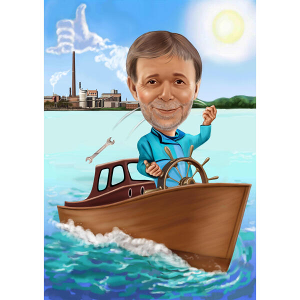 Jūrnieka karikatūra uz koka laivas