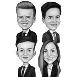 Skupinová karikatura v černobílém stylu