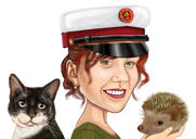 Vrouw met huisdieren overdreven karikatuur in digitale kleurstijl met aangepaste achtergrond