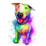 Tehokas Bullterrieri -koiran karikatyyrimuotokuva koko kehon akvarellityyliin valokuvista