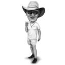 Full Body Man Caricature Holding Drink Hand Drawn in Black and White Style