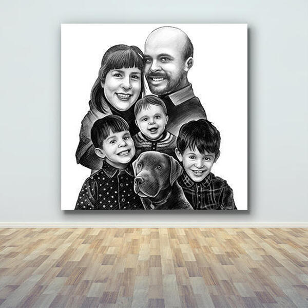 Afdrukken op canvas: Familie met huisdierenbeeldverhaal van foto's met de hand getekend in zwart-witstijl
