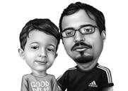 Tētis ar bērnu multfilmas portreta karikatūra no fotogrāfijām, kas zīmētas ar roku vienkrāsainā stilā