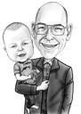 Caricatura del ritratto del fumetto di papà con il bambino da foto disegnate a mano in stile monocromatico