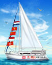 Regalo personalizado de caricatura de barco de fotos dibujadas a mano en estilo coloreado con fondo
