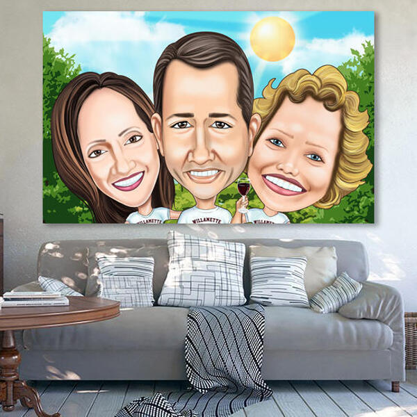 Three Persons Exaggerated Style Caricature from Photos Printed on Canvas