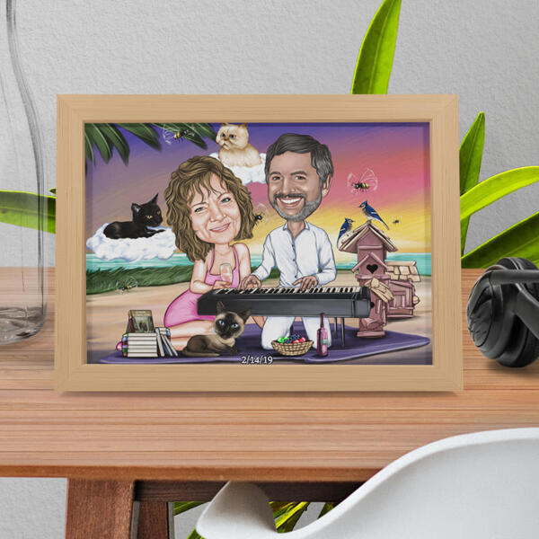 Custom Caricature of Couple with Pets in Color Style as Photo Paper Print