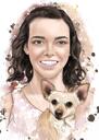 Girl Pet Lover Cartoon Portrait in Traditional Natural Watercolor Style Art from Photos