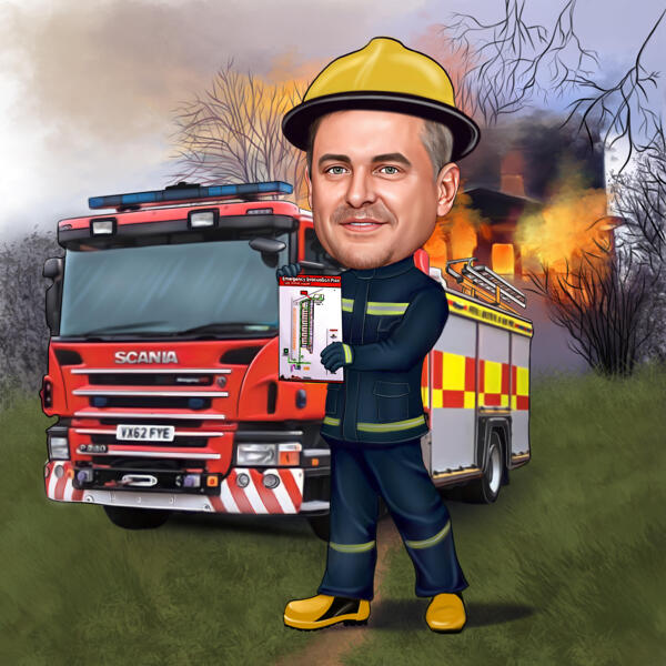 Fireman Caricature with Fire in Background