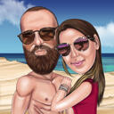 Caricatură amuzantă de cuplu de vacanță pe fundal pe plajă din fotografii