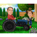 Pareja de agricultores personalizados en el jardín en un dibujo de dibujos animados de tractor a partir de fotos en estilo de color